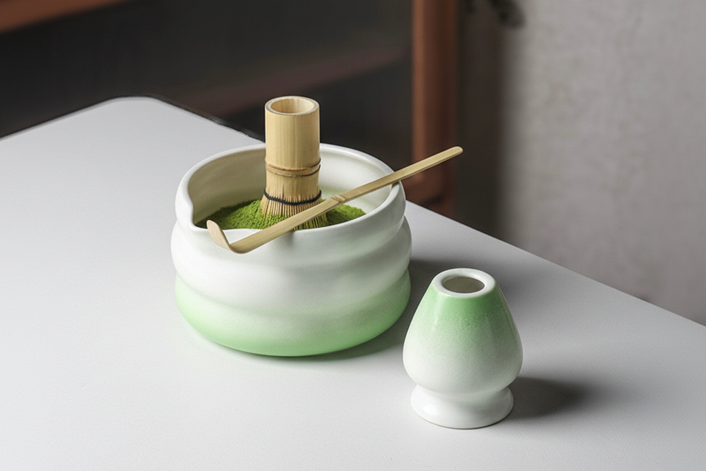 the matcha powder should be in the bowl